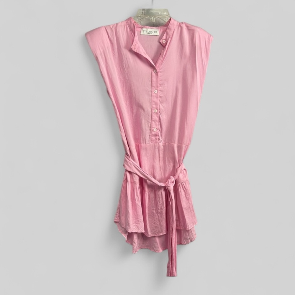 Stillwater romantic tiered ruffle baby pink belted mini dress size Medium chic
